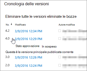 Cronologia versioni con una versione secondaria eliminata