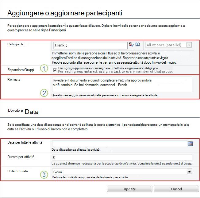 Modulo di modifica per attività future