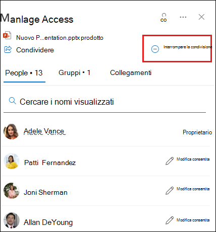Screenshot della finestra di dialogo Gestisci accesso con l'opzione Interrompi condivisione evidenziata.