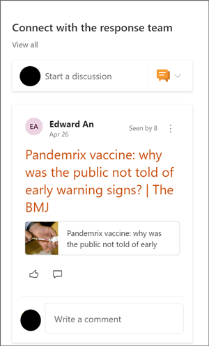 Immagine della web part Yammer con una conversazione di esempio.