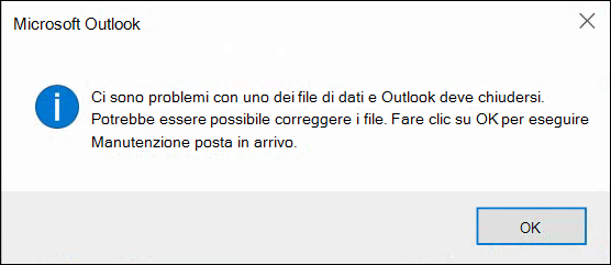 Si è verificato un problema con uno dei file di dati e Outlook deve chiudersi.