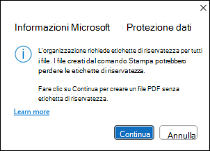 Microsoft Info protection creare finestra PDF