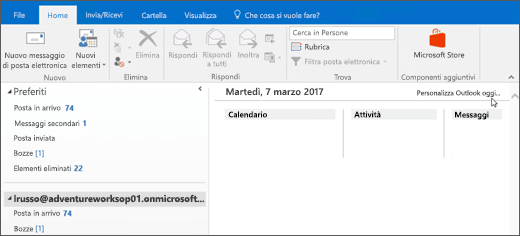 La finestra della visualizzazioni Outlook Oggi è vuota