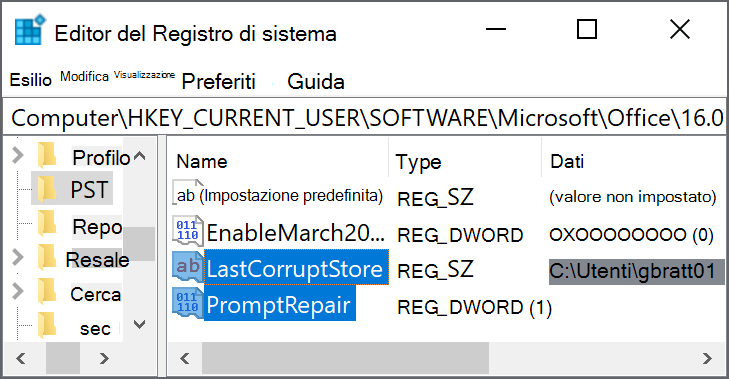 Impostazioni del Registro di sistema per eliminare LastCorruptStore PromptRepair=dword:00000001