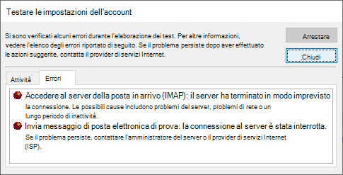 Screenshot della scheda Errori della finestra Impostazioni account di test - IMAP