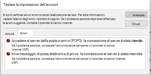 Screenshot della scheda Errori della finestra Impostazioni account di test - POP3