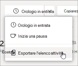 L'opzione Esporta foglio attività in Turni per esportare il report dell'elenco attività del team.