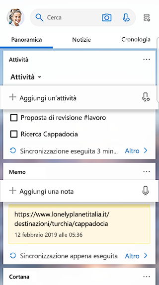 Screenshot che mostra la scheda Attività nel feed dell'icona di avvio