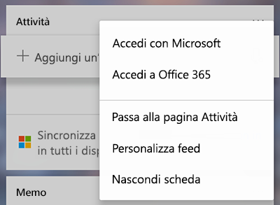 Screenshot che mostra l'opzione Accedi con Microsoft o Office 365 nel menu Altre attività della scheda Altre attività