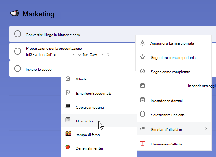 Elenco marketing con l'attività Converti il logo in bianco e nero selezionata e il menu di scelta rapida aperto. Sposta attività in è stata selezionata e viene selezionato l'elenco Newsletter.