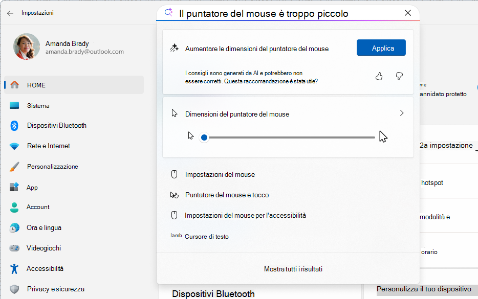 Screenshot di Impostazioni che mostra una ricerca basata sull'intelligenza artificiale con l'agente.