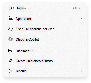 Screenshot del menu di scelta rapida Azioni con un clic e Chiedi a Copilot