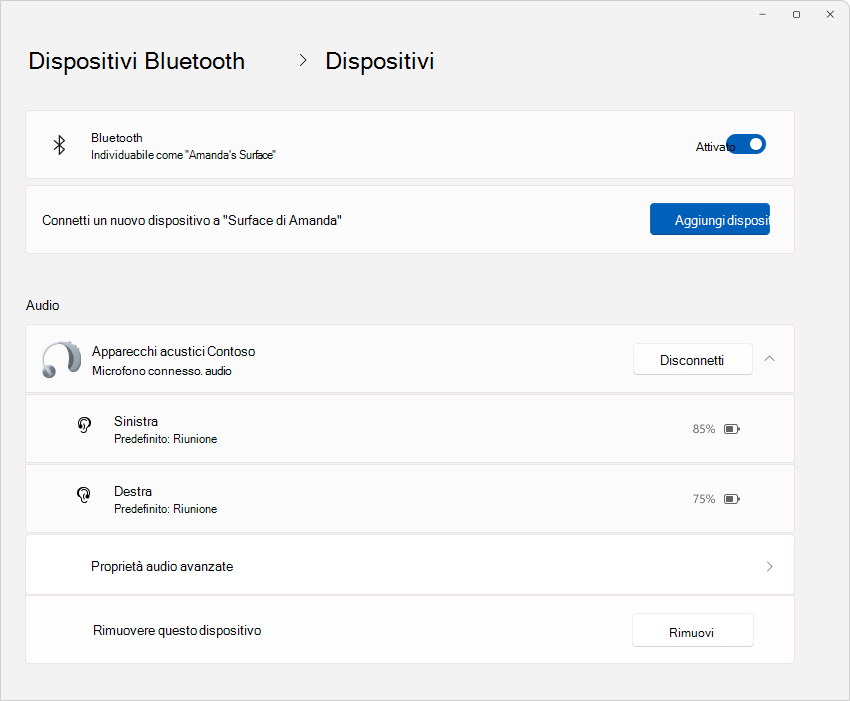 Screenshot dei dispositivi Bluetooth & delle impostazioni > che mostra i dettagli degli apparecchi acustici.