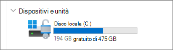 Immagine di Esplora file dello spazio disponibile sull’unità C.