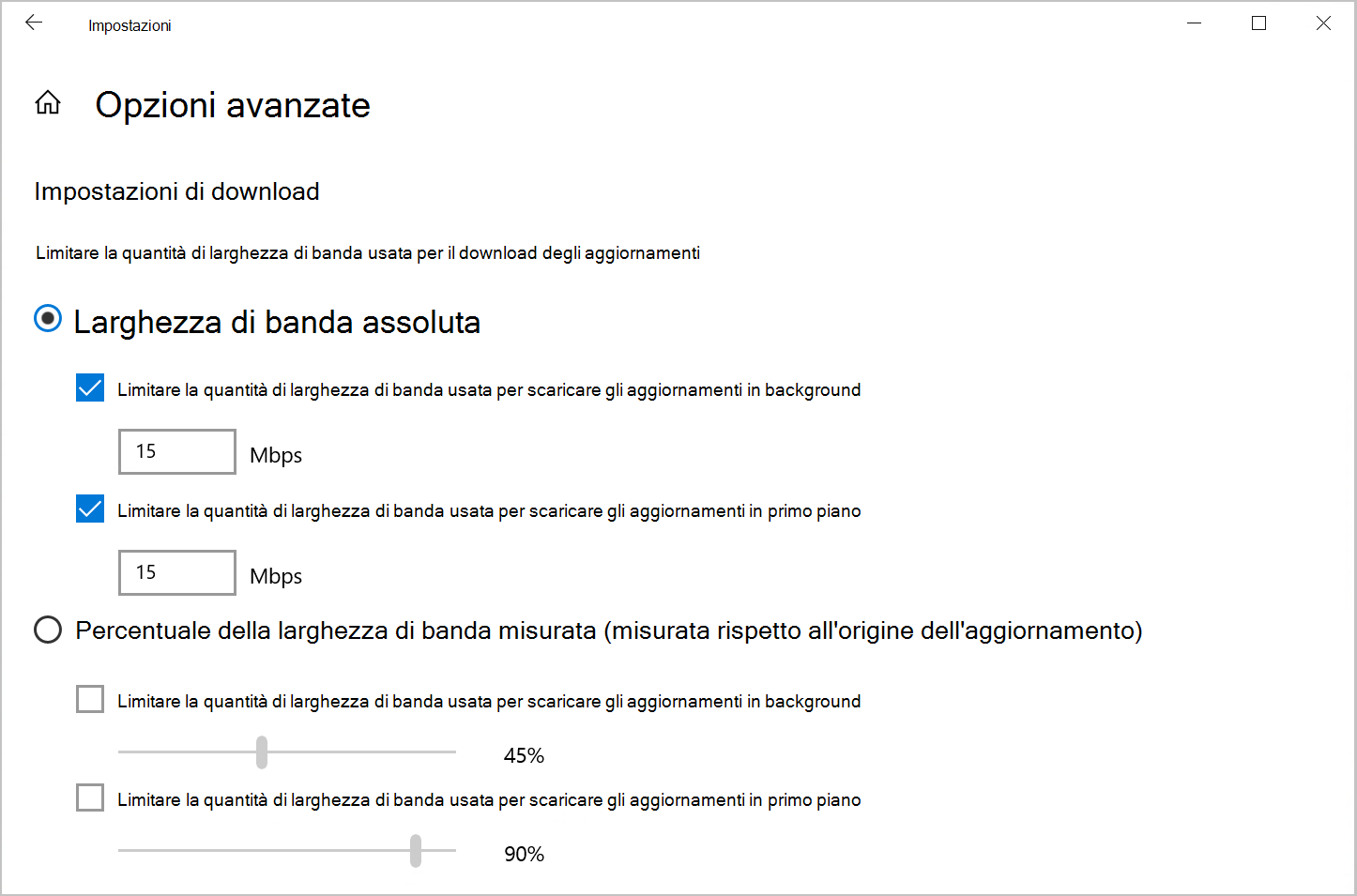 Screenshot dell'opzione Ottimizzazione recapito per limitare la larghezza di banda di download in Windows 10.