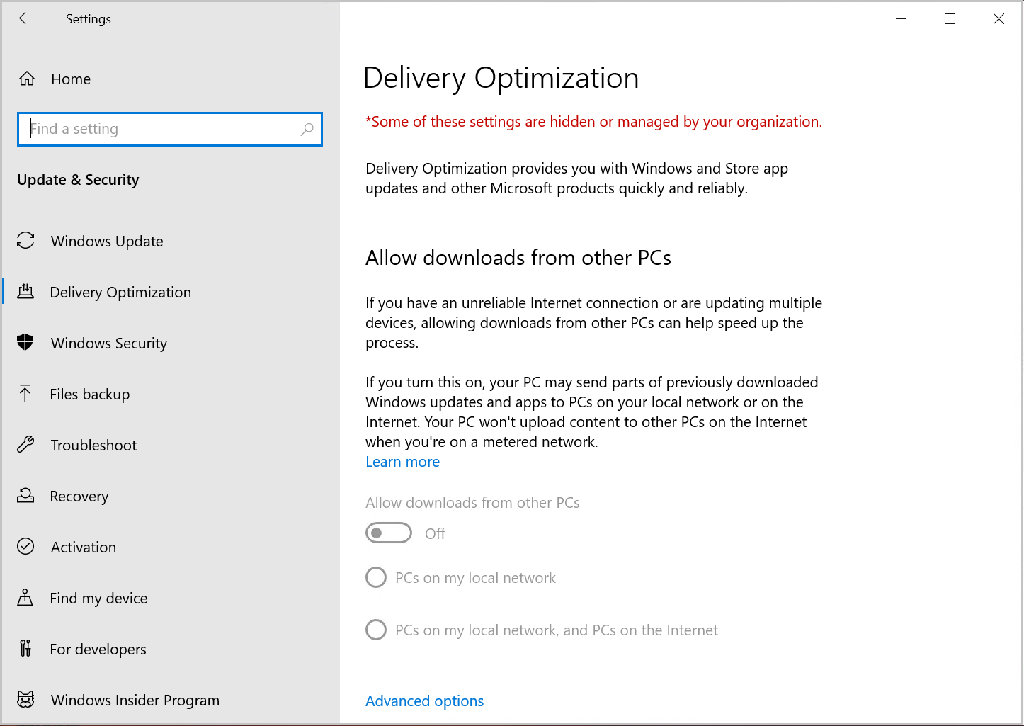 Screenshot della pagina Impostazioni ottimizzazione recapito per Windows 10 quando le impostazioni vengono gestite da un amministratore IT.