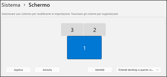 Mostra la sezione della schermata Schermo che indica la disposizione dei monitor. Il testo indica che è possibile selezionare un monitor per modificarne le impostazioni o trascinare gli schermi per disporli.