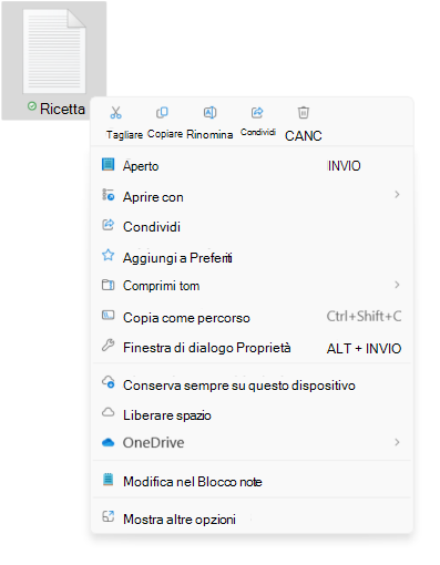Screenshot del menu di scelta rapida del file che mostra le nuove opzioni taglia/copia/rinomina/condividi/elimina.