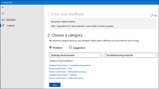 Finestra di dialogo Nuovo feedback nell'Hub di Feedback