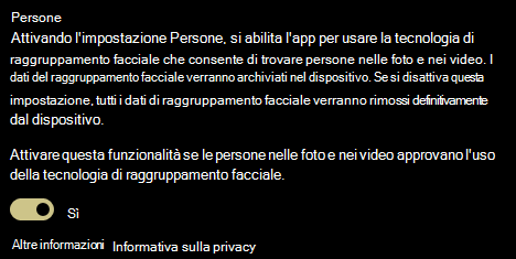 Mostra l'interruttore attivato e disattivato per l'impostazione Persone.