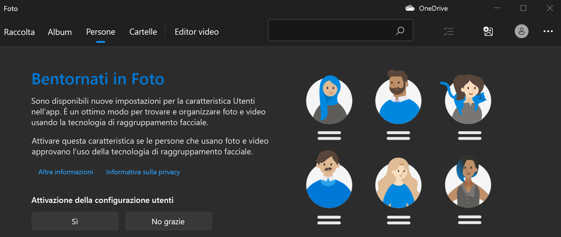 Mostra la schermata iniziale di Foto con i pulsanti Sì e No dopo la richiesta di attivazione dell'impostazione Persone.