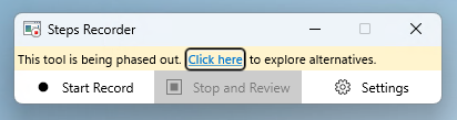 Screenshot dell'app Registrazione azioni utente in Windows 11 che mostra il banner di deprecazione.