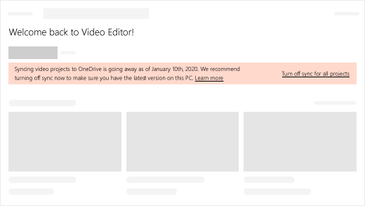 La sincronizzazione dei progetti video con OneDrive non sarà più disponibile a partire dal 10 gennaio 2020. Ti consigliamo di disattivare la sincronizzazione ora per assicurarti di avere la versione più recente in questo PC.