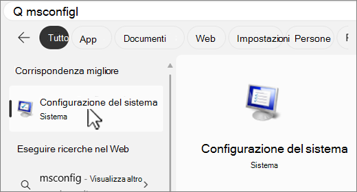 Cerca in MSConfig.