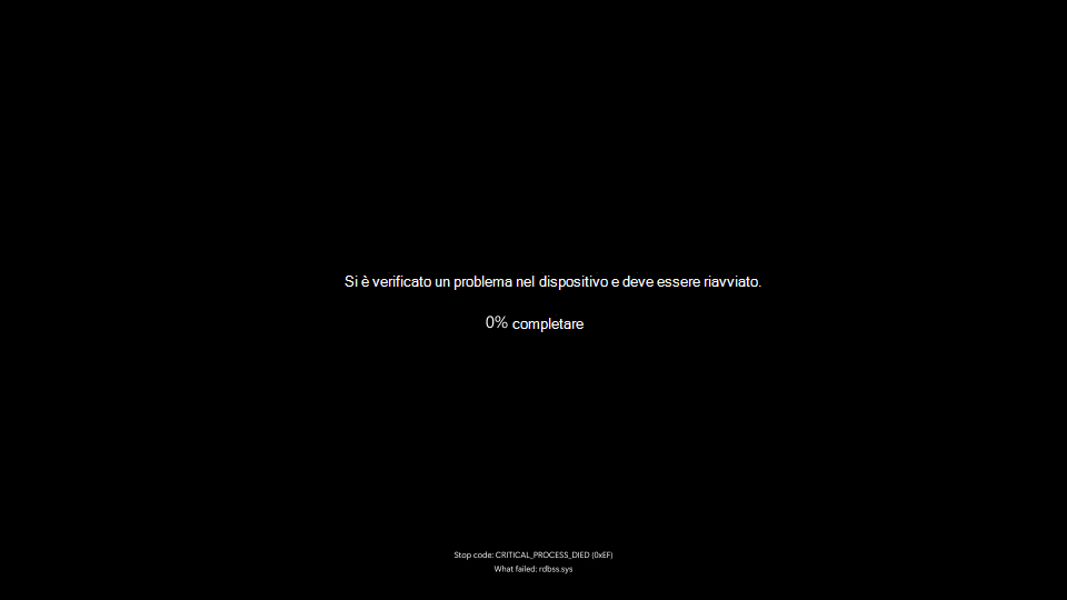 Screenshot di un errore imprevisto che mostra una schermata nera