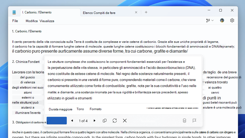 Screenshot di Cowriter nel Blocco note che mostra le opzioni di riscrittura