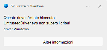 finestra di dialogo Sicurezza di Windows blocco visualizzata quando un driver è bloccato