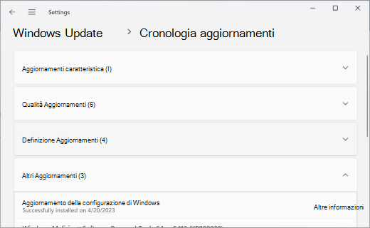 Mostra la pagina Cronologia aggiornamenti, con la sezione Altre Aggiornamenti espansa.