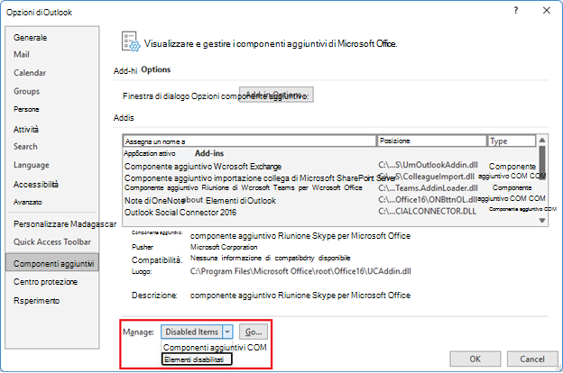 Screenshot della finestra delle opzioni di Outlook