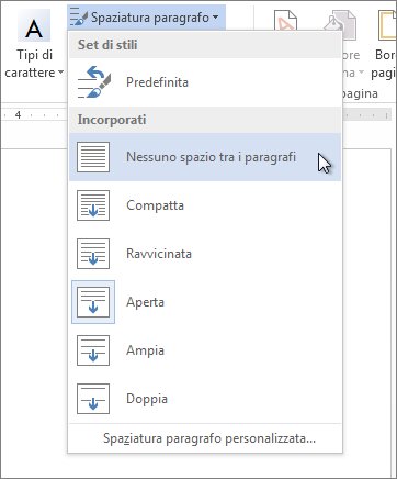 Nessuno spazio tra i paragrafi nel menu Spaziatura paragrafo