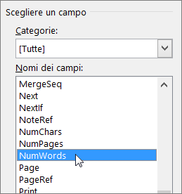 Finestra di dialogo Campo