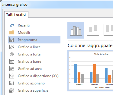 Finestra di dialogo Inserisci grafico con le opzioni del grafico e l'anteprima
