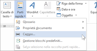 Opzione di inserimento campo nel menu Parti rapide.