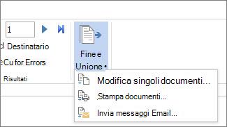 Screenshot della scheda Lettere in Word, con il comando Fine & Merge e le relative opzioni.