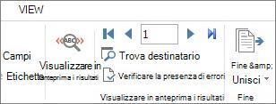 Screenshot della scheda Lettere di Word, con il gruppo Anteprima risultati.
