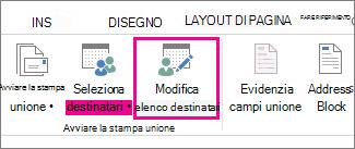 Screenshot della scheda Lettere di Word, con il comando Modifica elenco destinatari evidenziato.