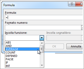 Casella Formula con il menu Funzione