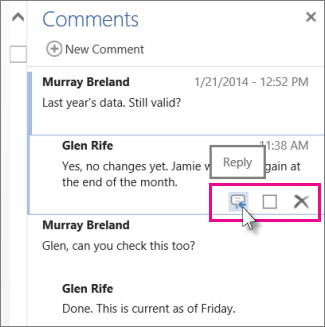 Immagine del comando Rispondi sotto il commento nel riquadro Commenti in Word Web App.
