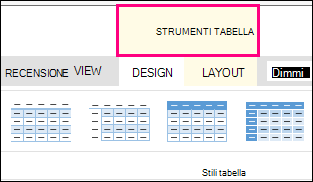 Immagine del comando Strumenti tabella visualizzato nella parte superiore della barra multifunzione quando si fa clic in un punto qualsiasi della tabella