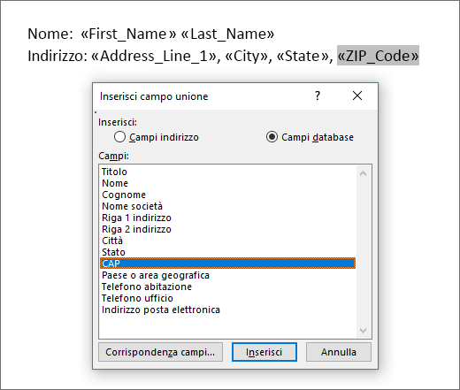 Menu Inserisci campi unione