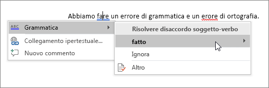 esempio di controllo Ortografia & Grammatica Office 365