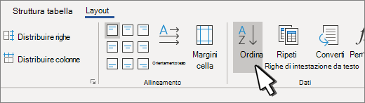 Pulsante Ordina quando è selezionata una tabella