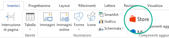Usare il pulsante Store nella scheda Inserisci sulla barra multifunzione di Office per installare i componenti aggiuntivi di Office