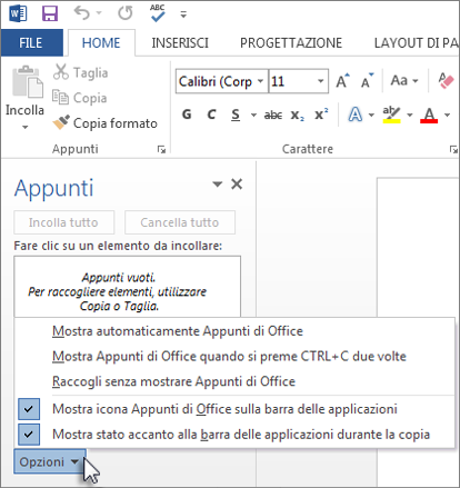 Operazioni eseguibili nel riquadro attività Appunti di Office