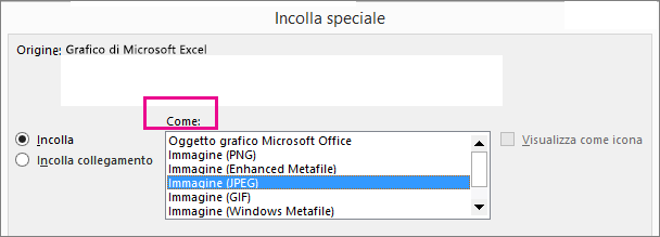 Parte superiore della finestra di dialogo Incolla speciale