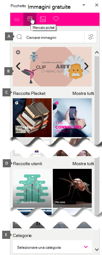 Il riquadro attività Pickit Free Images include una casella di ricerca e raccolte da esplorare.